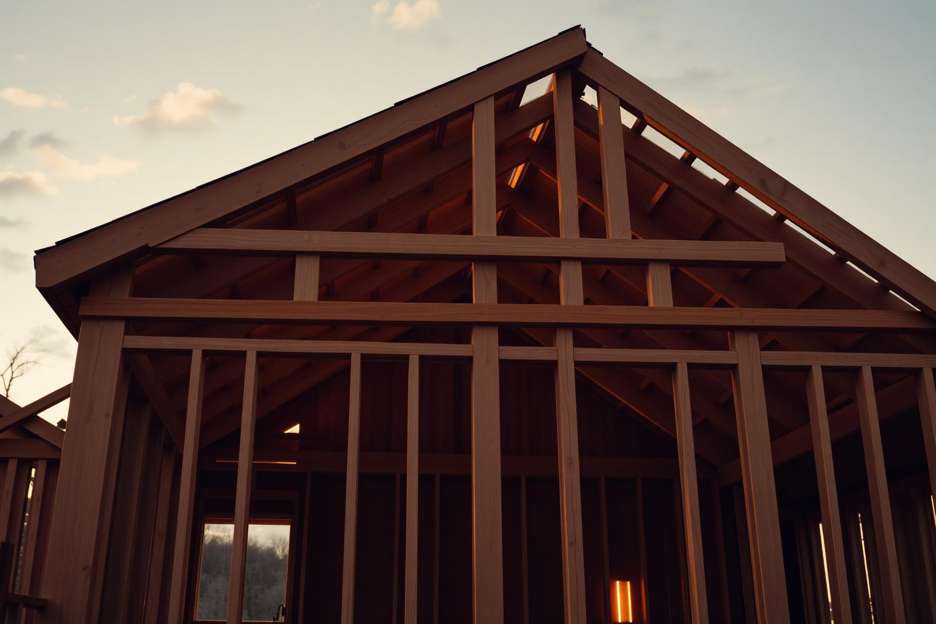 Wood-framed residential structure at sunset